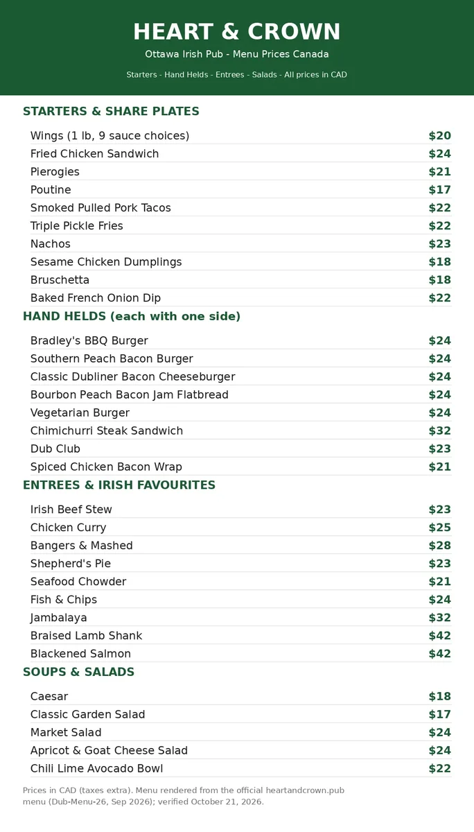 Heart & Crown official menu card Canada 2026: current starters, hand helds, entrees and salads prices, heart and crown menu prices canada