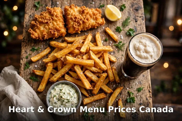 Heart & Crown menu prices Canada 2026: AI-generated photo of fish and chips, fries and a pint of stout