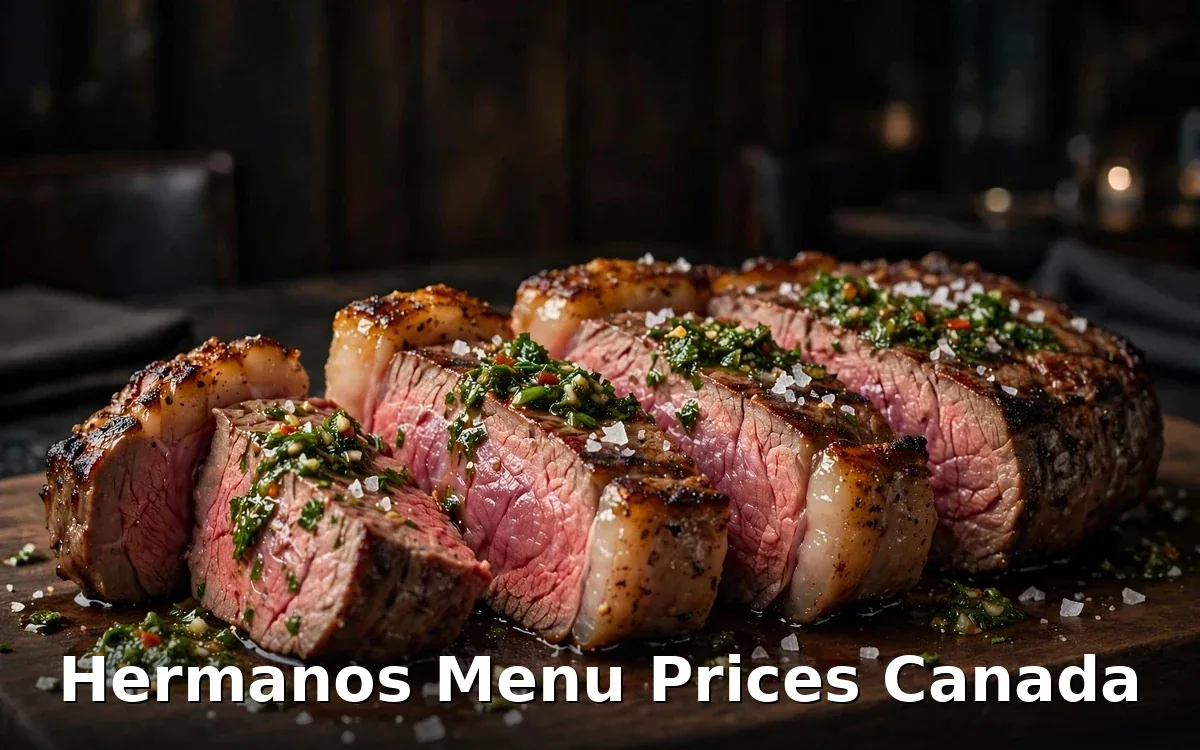 AI-generated grilled picanha with chimichurri and crisp PIL keyword overlay: Hermanos steak menu prices Canada, Hermanos picanha price $37.50