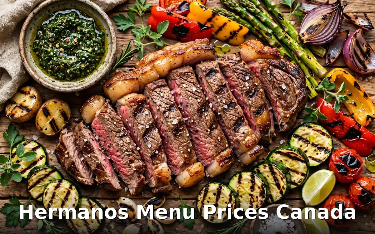 Hermanos menu prices Canada 2026 featured: AI-generated South American steakhouse spread with grilled meats, chimichurri and grilled vegetables, crisp PIL keyword overlay