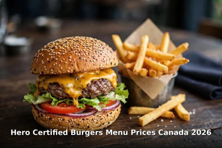 Hero Certified Burgers menu prices Canada 2026: double Angus smash burger with melted cheddar, crispy fries and onion rings