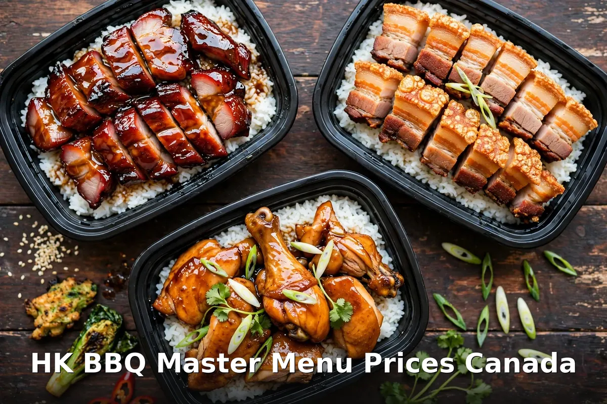 HK BBQ Master menu prices Canada 2026: Hong Kong BBQ takeout spread with char siu, crispy roast pork and soy chicken over rice in Richmond BC