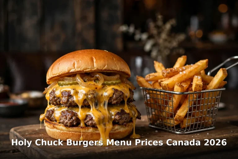 Holy Chuck Burgers menu prices Canada 2026: smashed double cheeseburger with melted cheese and basket of fries