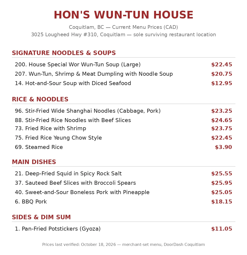 Hon's Wun-Tun House menu prices Canada: current menu card with wonton soup, noodle, rice and BBQ dish prices in CAD