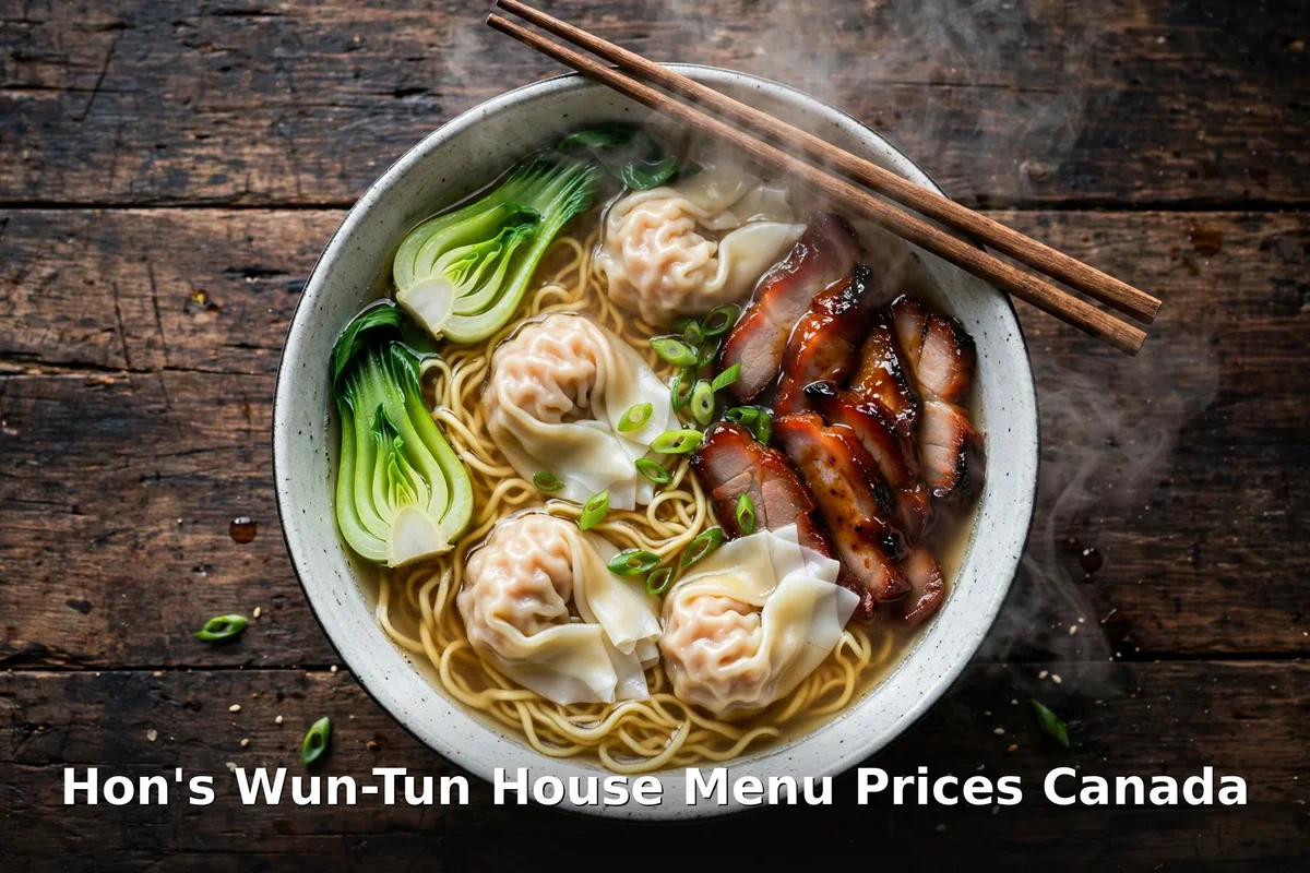 Hon's Wun-Tun House menu prices Canada 2026: steaming wonton noodle soup with BBQ pork and bok choy