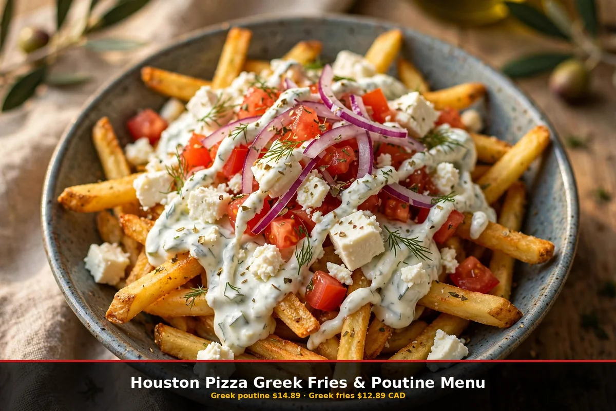 Houston Pizza poutine menu prices: Greek poutine $14.89 and Greek fries $12.89 in CAD