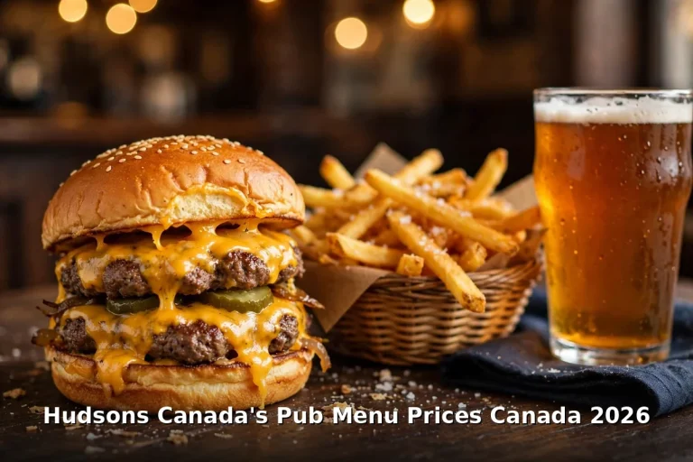 Hudsons Canada's Pub Menu Prices Canada 2026 featured image showing a double cheeseburger with fries and a pint of beer, hudsons canada's pub menu prices