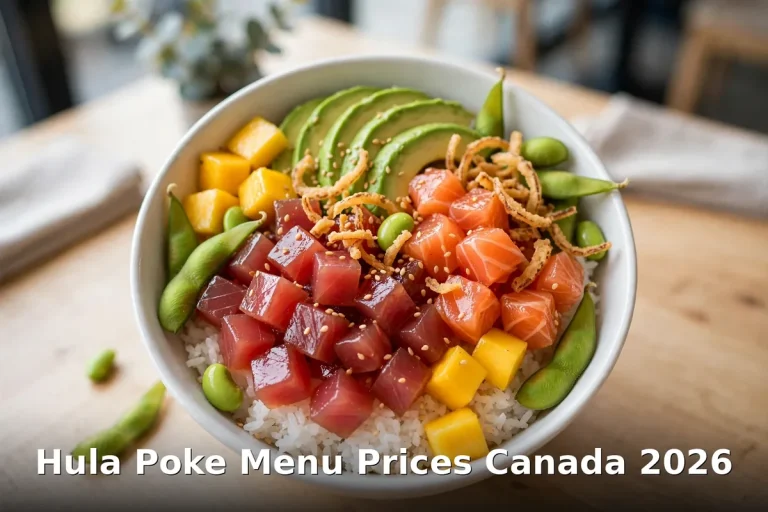 Hula Poke menu prices Canada 2026: AI-generated Hawaiian poke bowl with ahi tuna, salmon, mango, avocado and edamame, hula poke menu prices
