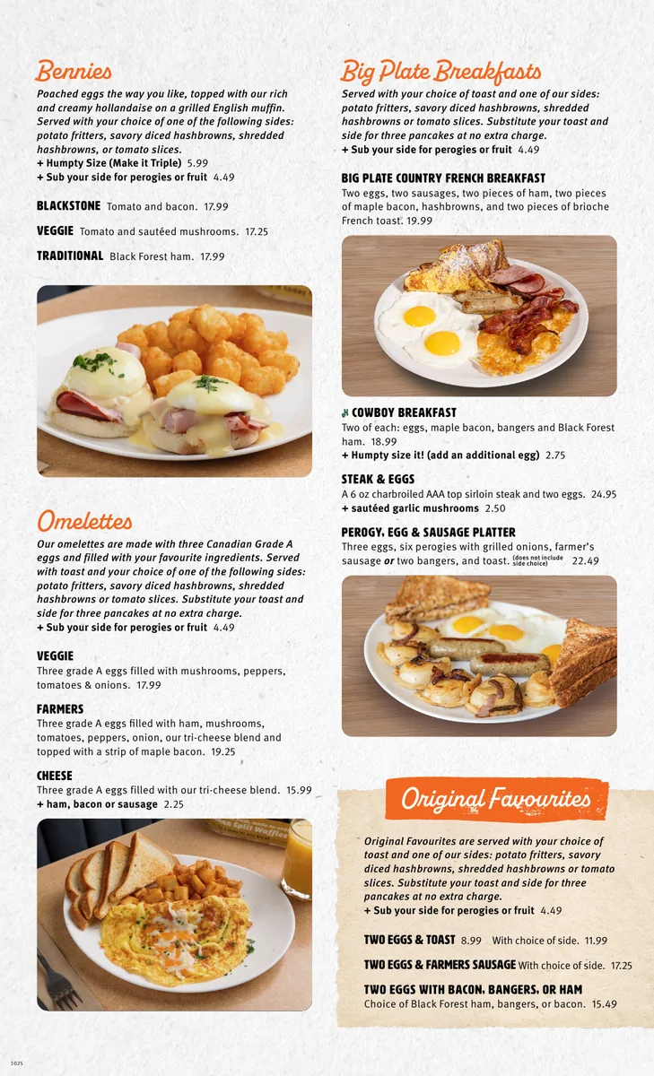 Humpty's Canada menu card with verified CAD prices for bennies, Big Plate breakfasts and omelettes, humpty's menu prices canada