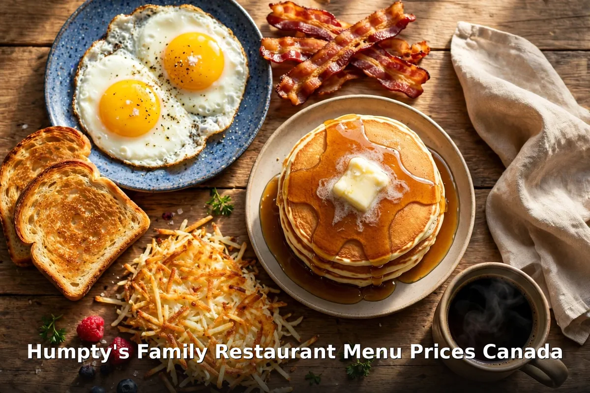 Humpty's breakfast spread with eggs, pancakes, bacon and hashbrowns with keyword text overlay, humpty's menu prices canada 2026