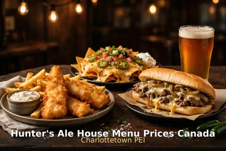 Hunter's Ale House menu prices Canada - pub food spread with nachos, poutine, philly sandwich and beer, hunters ale house menu prices canada