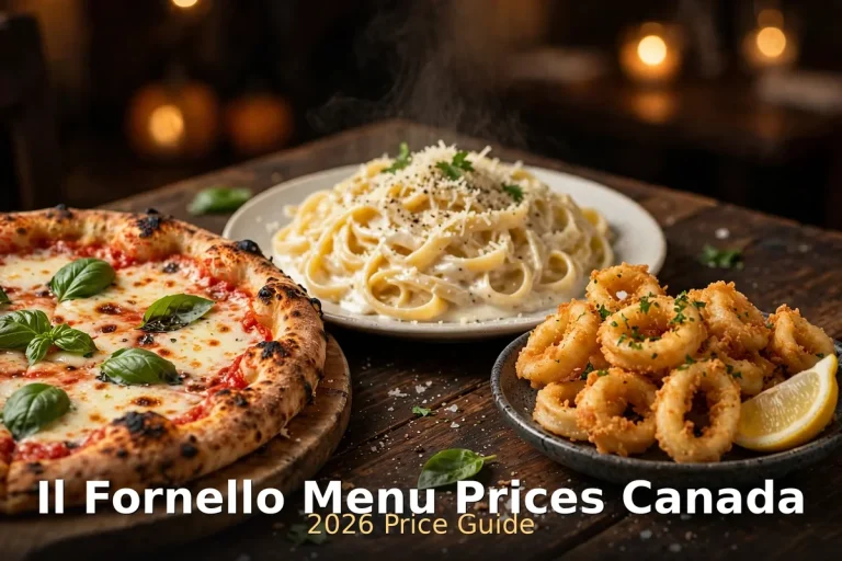 Il Fornello menu prices 2026: wood-oven pizza, pasta and calamari on a rustic table