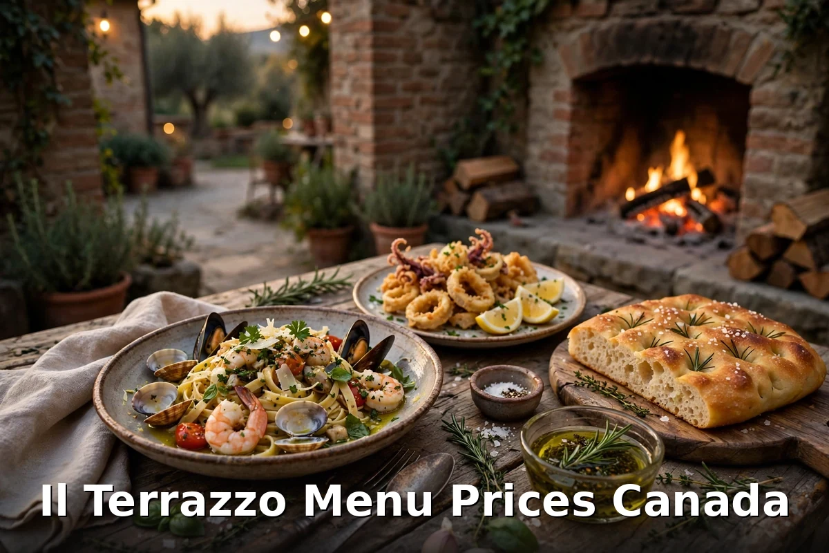 Il Terrazzo menu prices Canada 2026, Italian seafood pasta, calamari and focaccia in a Victoria courtyard