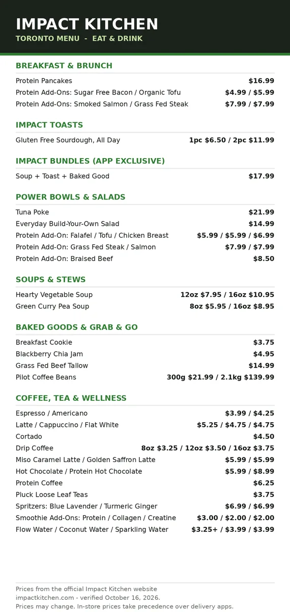 Impact Kitchen menu prices Canada Toronto official menu