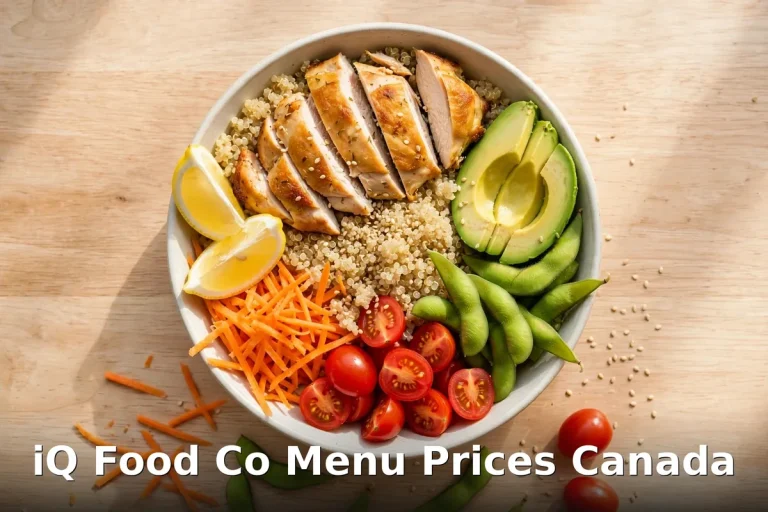 iQ Food Co menu prices Canada 2026: healthy grain bowl with chicken, avocado and quinoa
