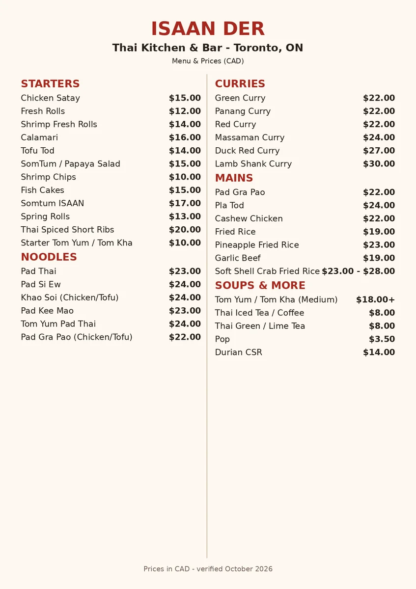 Isaan Der menu prices, current Isaan Der Toronto menu card with Northeastern Thai dish prices in CAD