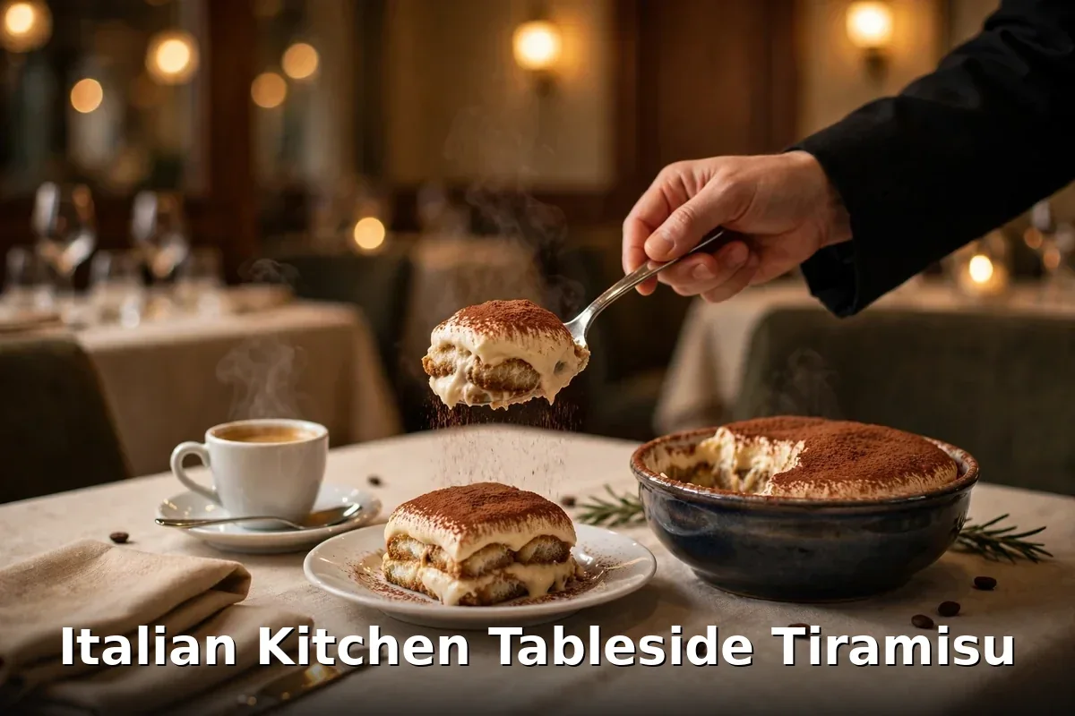 Italian Kitchen menu prices Canada, tableside tiramisu served at the Vancouver Italian restaurant