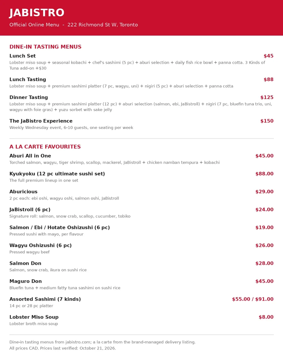 JaBistro menu card Canada 2026: current tasting menus, aburi a la carte and sashimi platter prices in CAD from jabistro.com