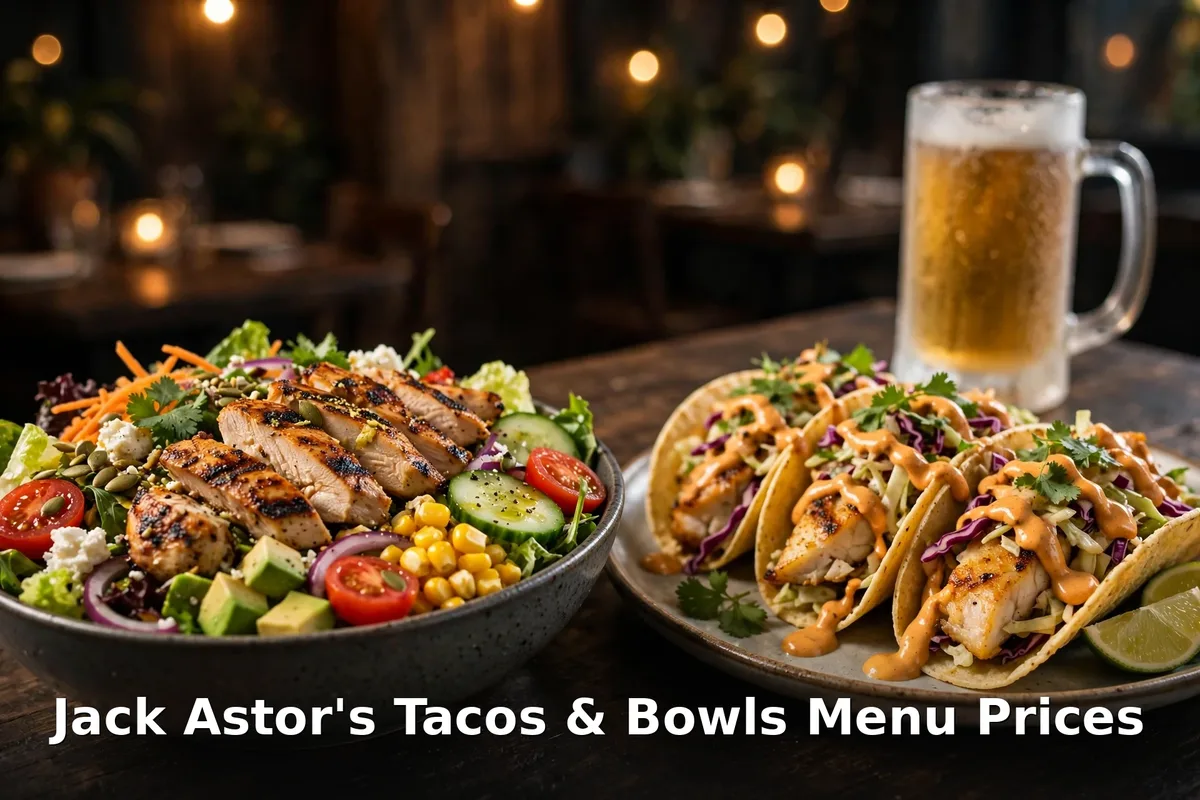Jack Astor's tacos and bowls with a cold draught beer, jack astors tacos bowls menu prices canada