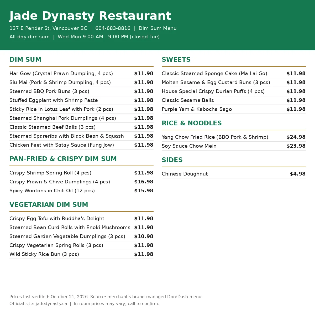 Jade Dynasty Restaurant official menu card with dim sum prices, jade dynasty menu prices canada