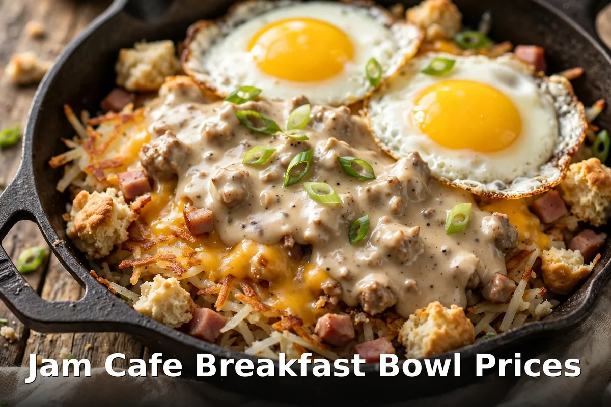 Jam Cafe Charlie Bowl price Canada: signature breakfast bowl with crumbled biscuit, hash browns, sausage gravy and sunny side eggs