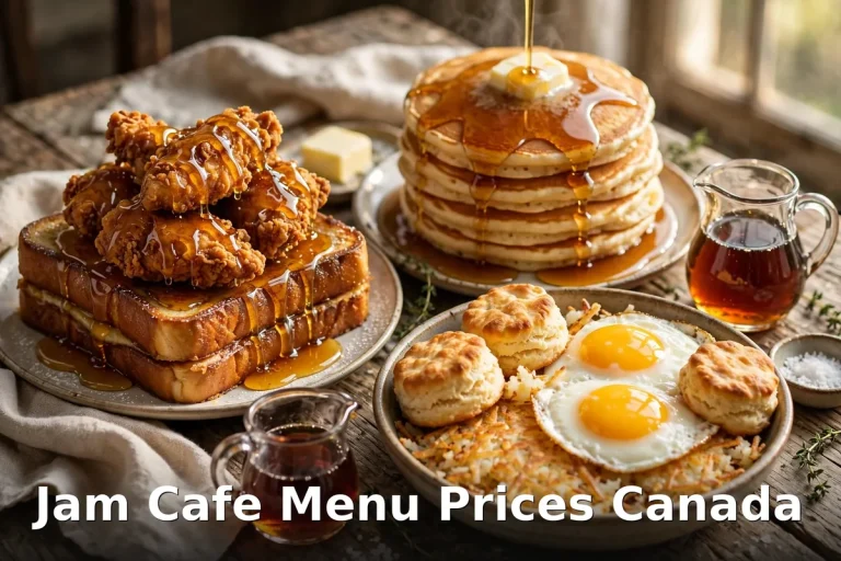 Jam Cafe menu prices Canada 2026 - Southern breakfast spread with biscuits, fried chicken and hash bowls