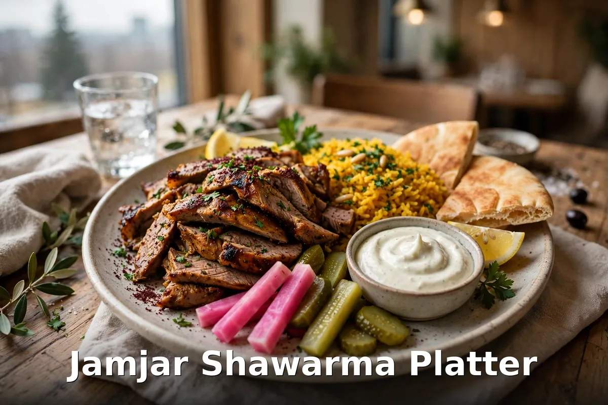 Jamjar shawarma platter with rice and pita, Jamjar shawarma platter Vancouver menu prices