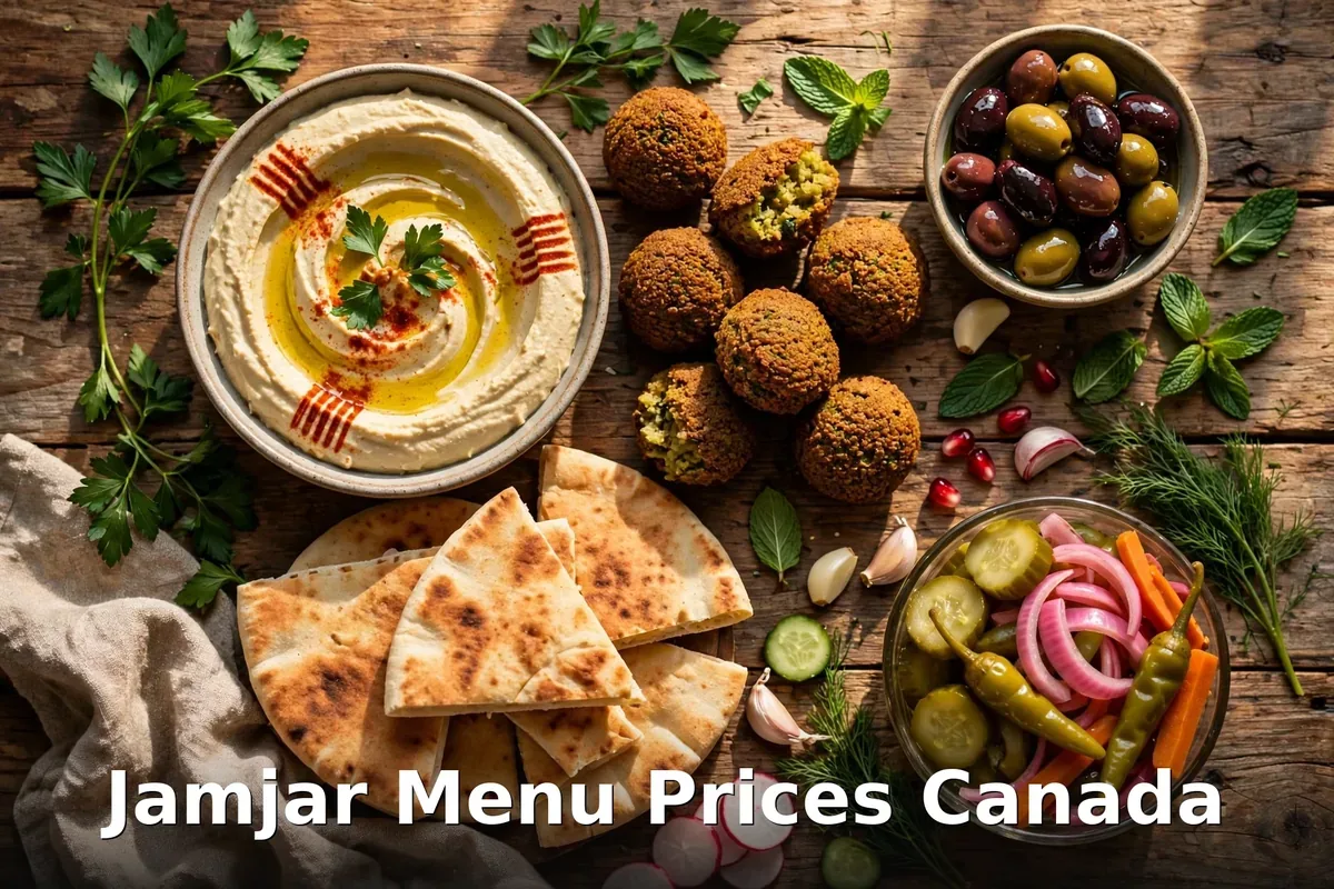 Jamjar mezze spread with hummus and falafel, Jamjar menu prices Canada 2026