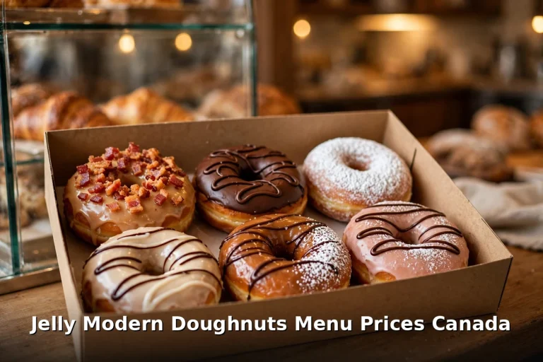 Box of six assorted gourmet doughnuts with maple bacon, chocolate and strawberry glazes in a Calgary bakery, jelly modern doughnuts menu prices canada 2026