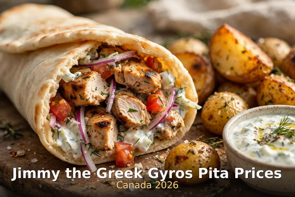 Chicken souvlaki pita wrap with tzatziki and roast potatoes, jimmy the greek gyros pita prices canada