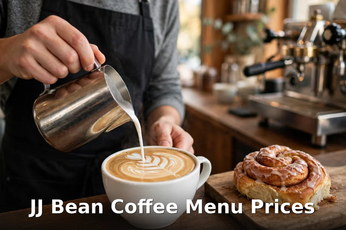 JJ Bean coffee menu prices: barista pouring a latte beside a fresh-baked cinnamon roll