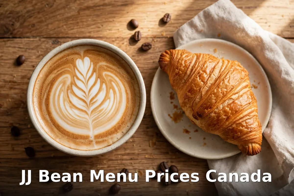 JJ Bean menu prices Canada 2026: latte with leaf latte art and a fresh butter croissant