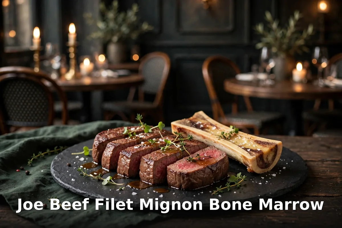 Filet mignon with bone marrow at Joe Beef Montreal, joe beef lobster spaghetti montreal