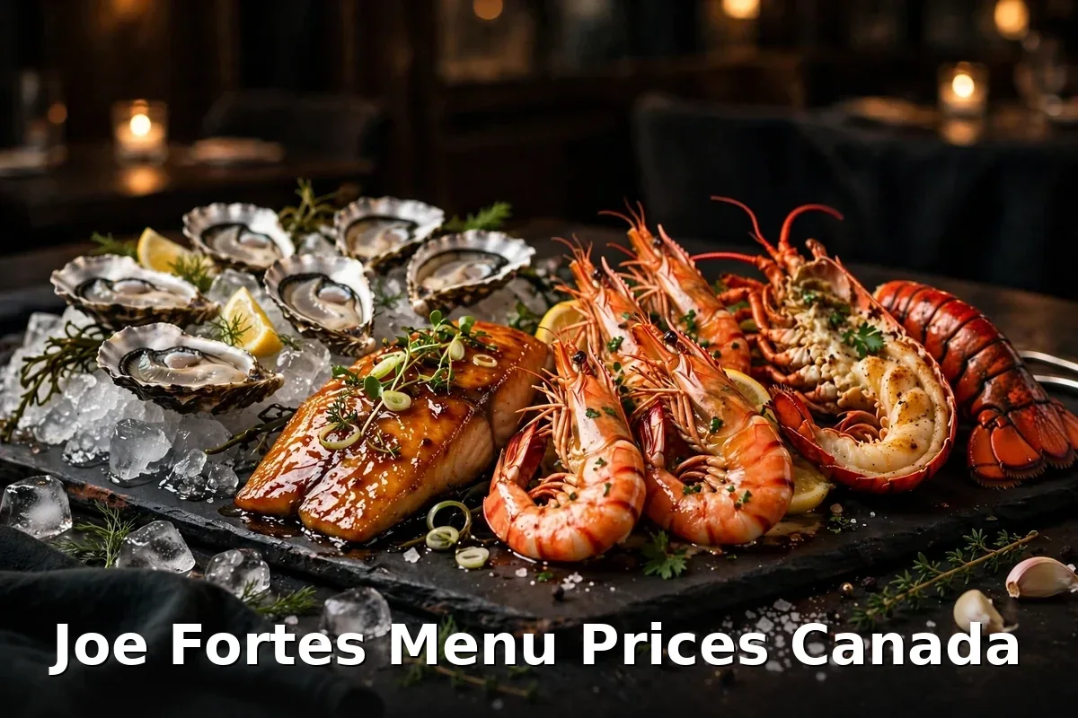 Joe Fortes Menu Prices Canada 2026: seafood spread with oysters, glazed sablefish, prawns and lobster on a dark slate