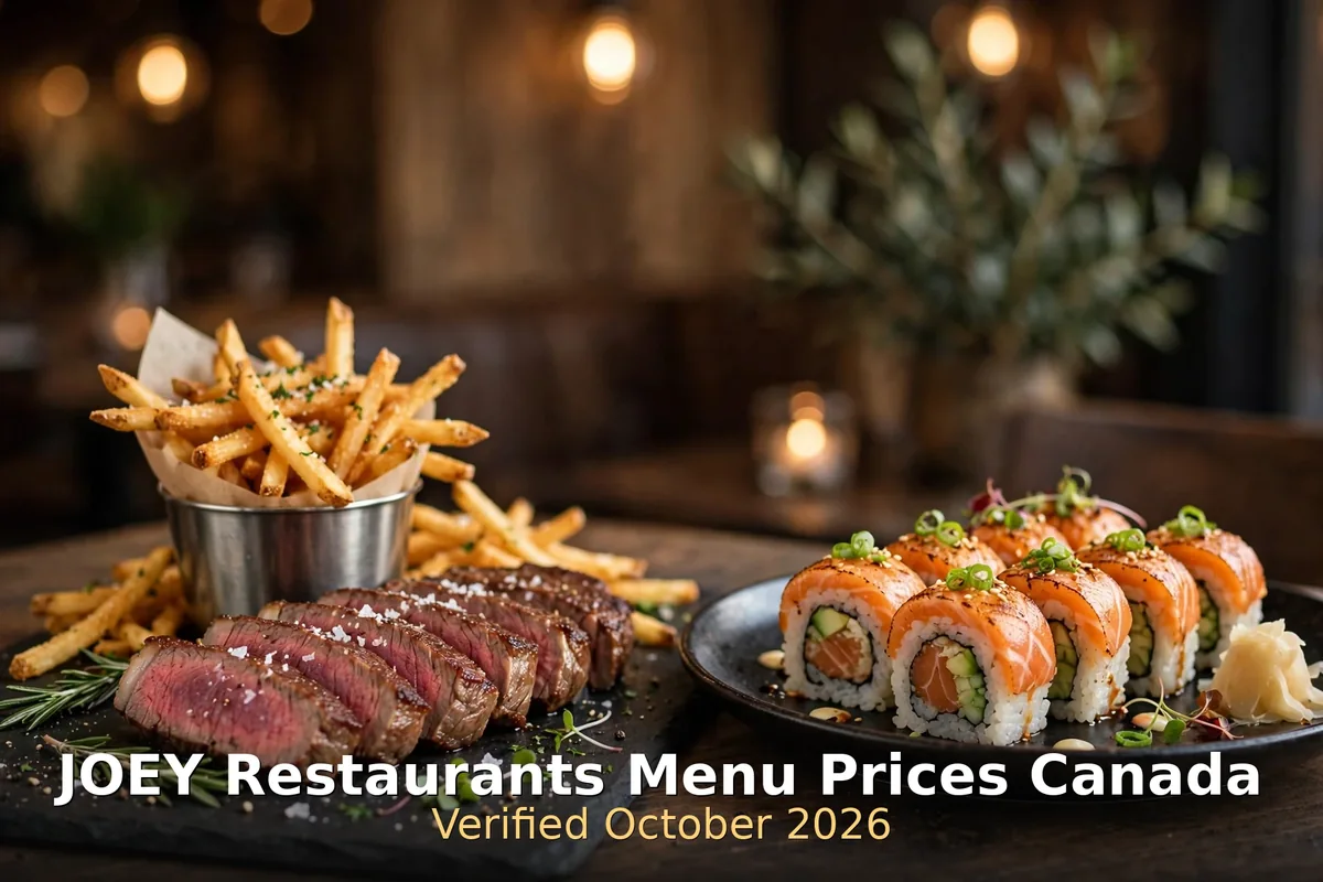 JOEY Restaurants menu prices Canada: steak frites and seared salmon sushi