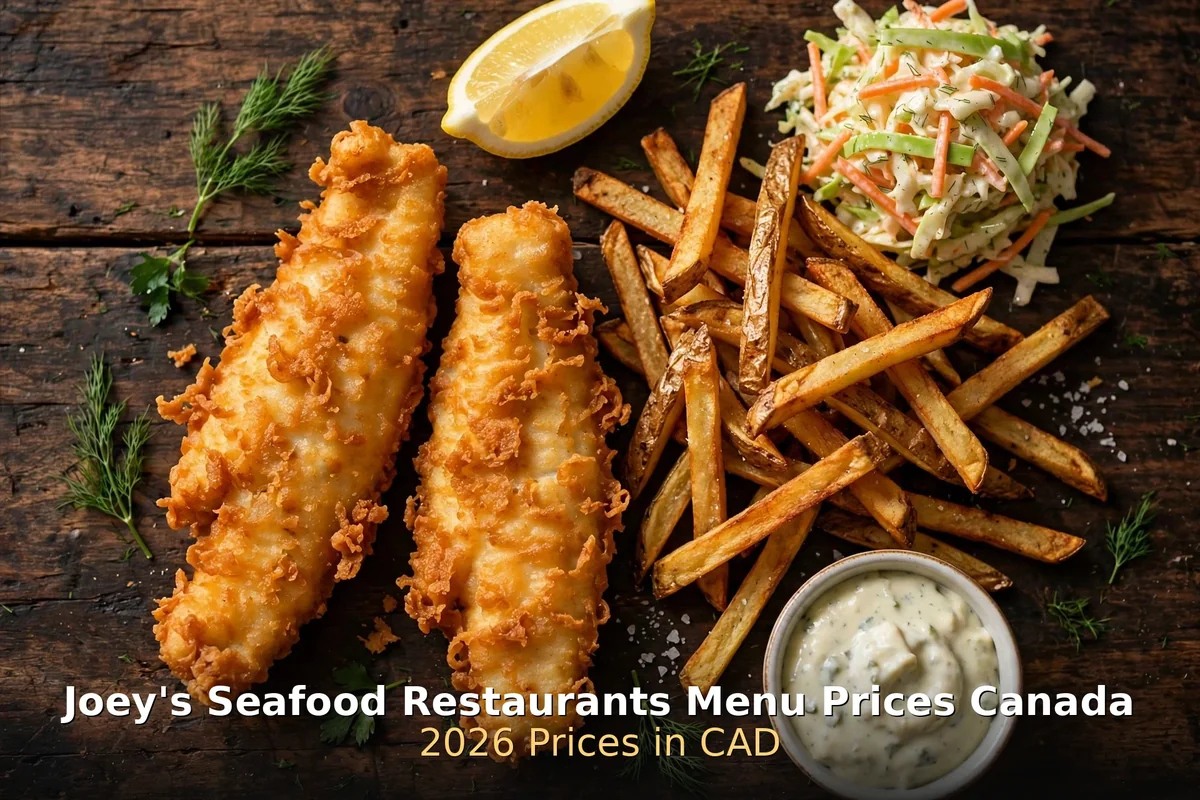 Joey's Seafood Restaurants menu prices Canada: crispy battered fish and chips platter with fries, coleslaw and tartar sauce