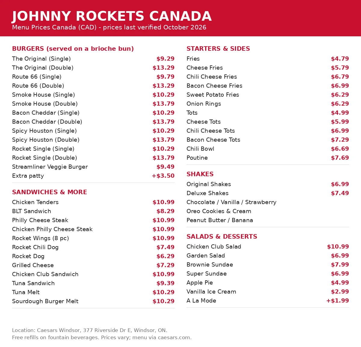 Johnny Rockets menu prices Canada: menu card with burger prices