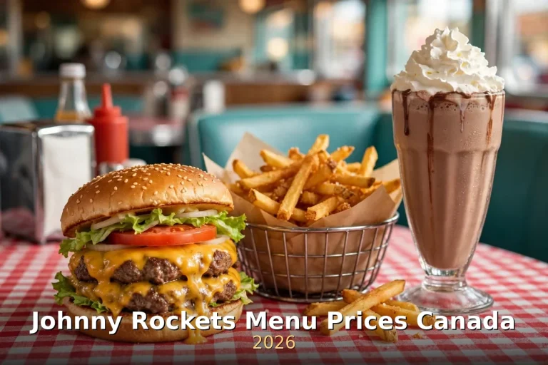 johnny rockets menu prices canada: double cheeseburger, fries and chocolate shake at a retro diner