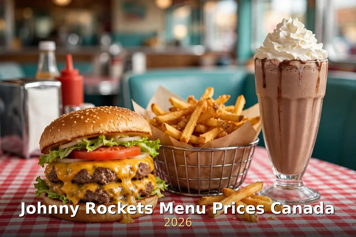 johnny rockets menu prices canada: double cheeseburger, fries and chocolate shake at a retro diner
