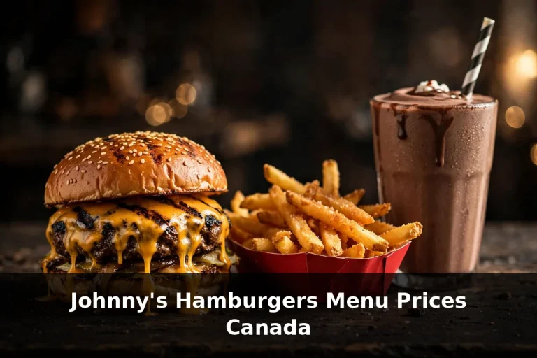 johnnys hamburgers menu prices canada: charcoal-grilled cheeseburger, fries and chocolate milkshake