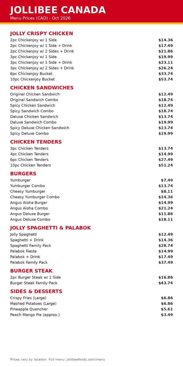 Jollibee Canada menu prices: current Chickenjoy, sandwiches, spaghetti and burger menu card with CAD prices