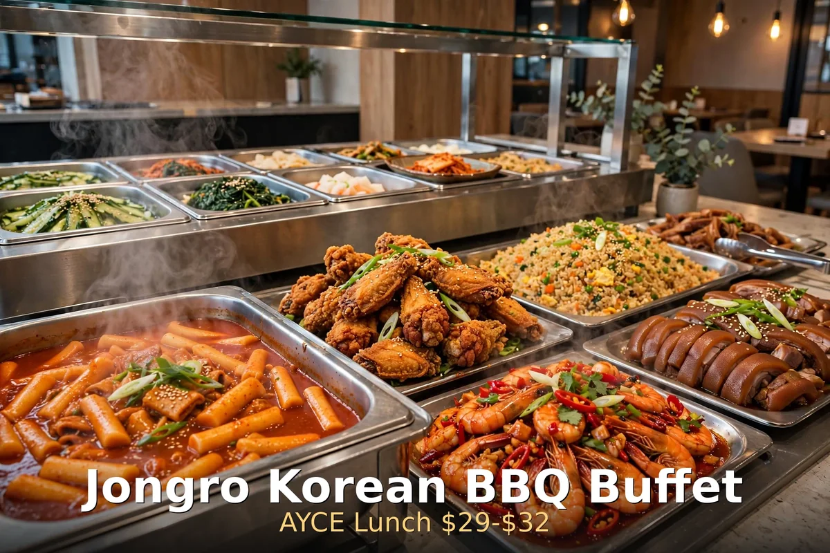 Jongro Korean BBQ buffet spread with tteokbokki, fried chicken and chili shrimp, jongro menu prices canada 2026
