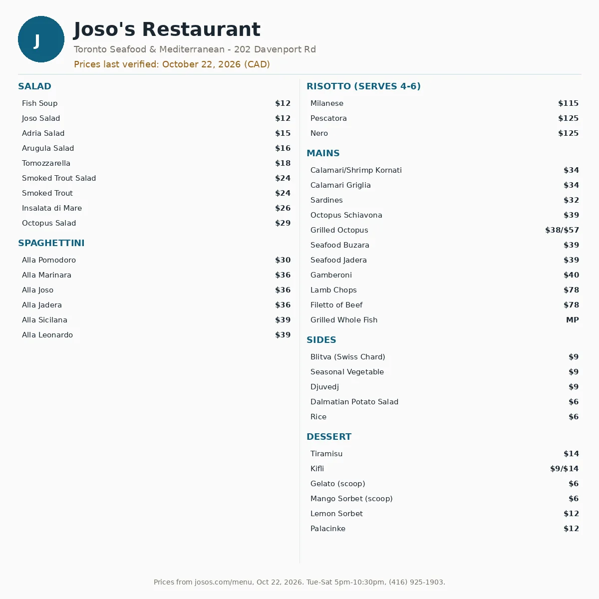 Joso's menu card with current seafood and Mediterranean menu prices in CAD, Joso's menu prices Canada
