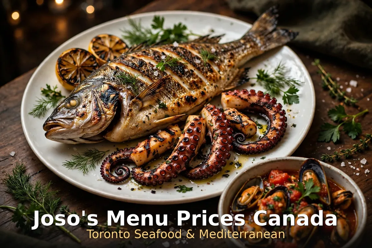 Joso's menu prices Canada - grilled whole fish and octopus seafood feast with keyword overlay, Joso's menu prices Canada