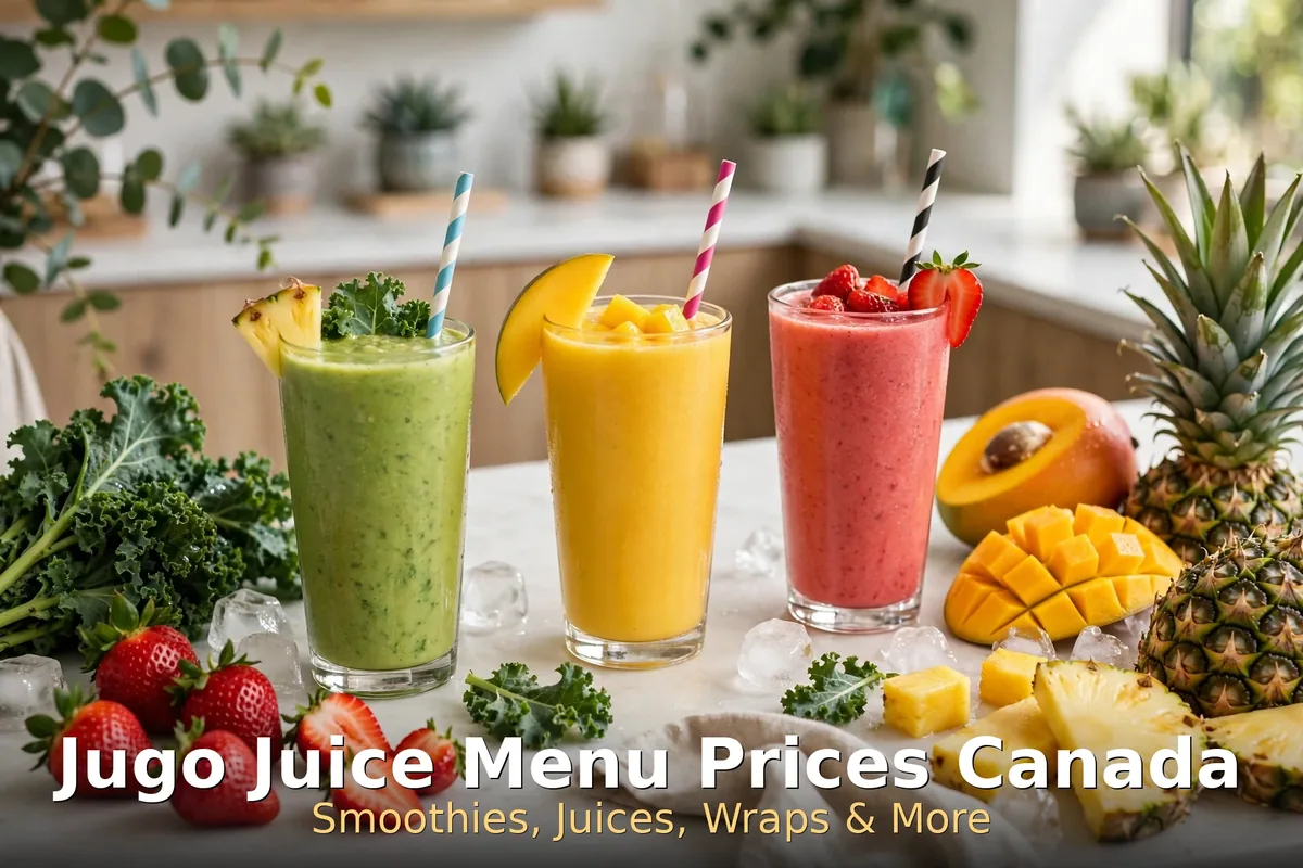 Jugo Juice Menu Prices Canada 2026, AI smoothie photo with keyword text overlay