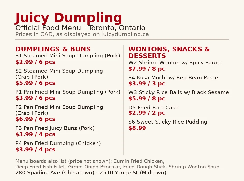 Juicy Dumpling official menu card with dumpling, wonton, snack and dessert prices in CAD as displayed on juicydumpling.ca, juicy dumpling menu prices canada