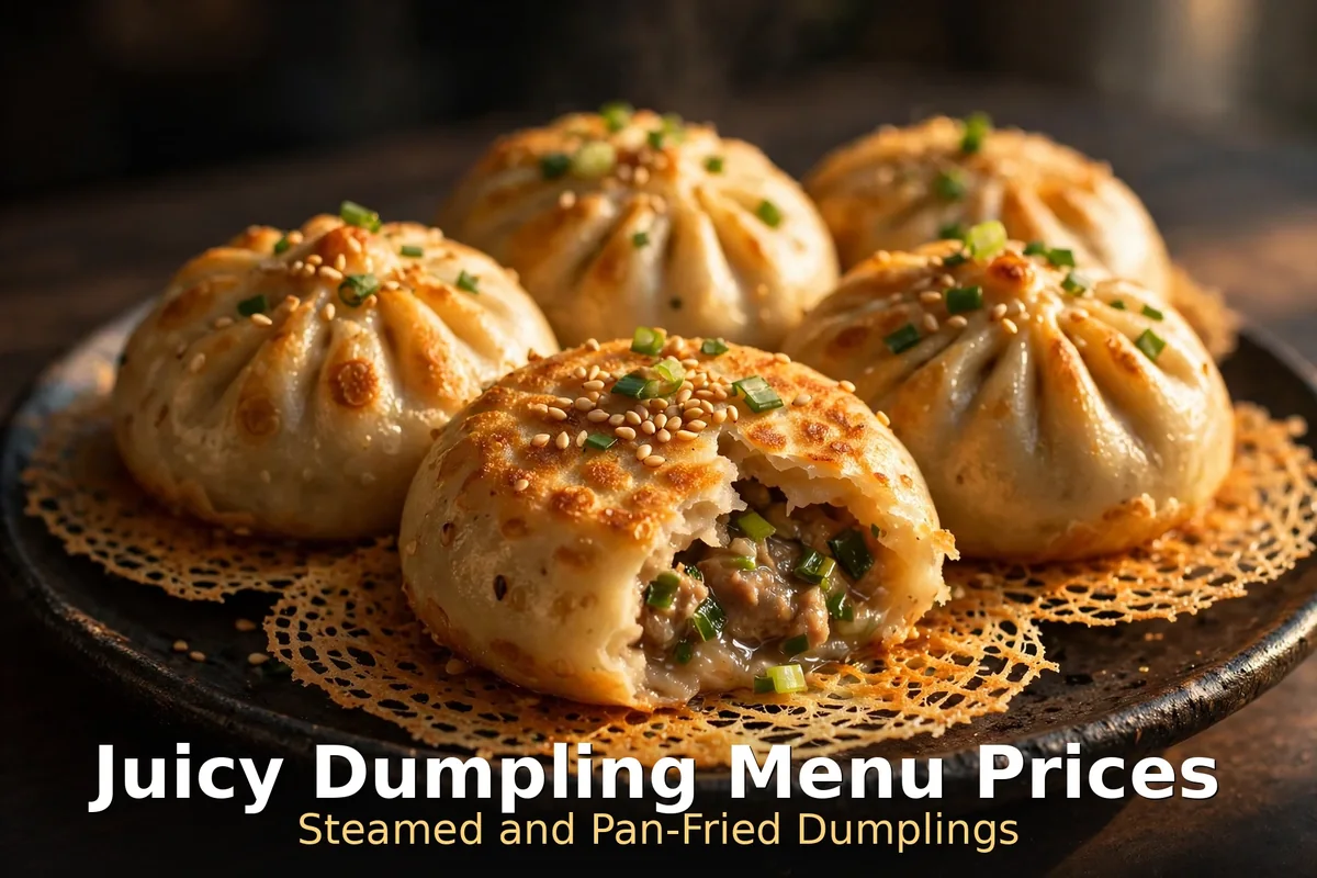 Pan-fried juicy dumplings with sesame seeds and green onion at Juicy Dumpling Toronto, juicy dumpling menu prices canada