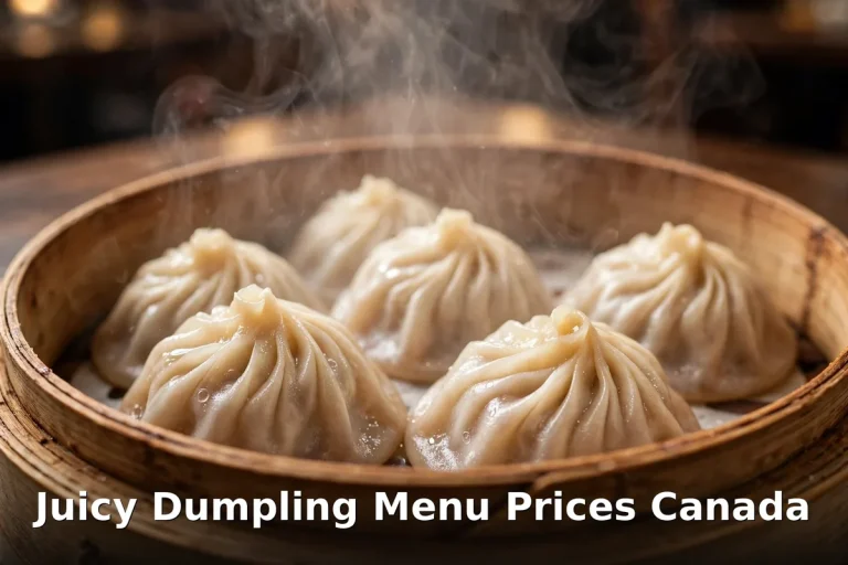 Steamed xiao long bao soup dumplings in a bamboo steamer basket, juicy dumpling menu prices canada 2026