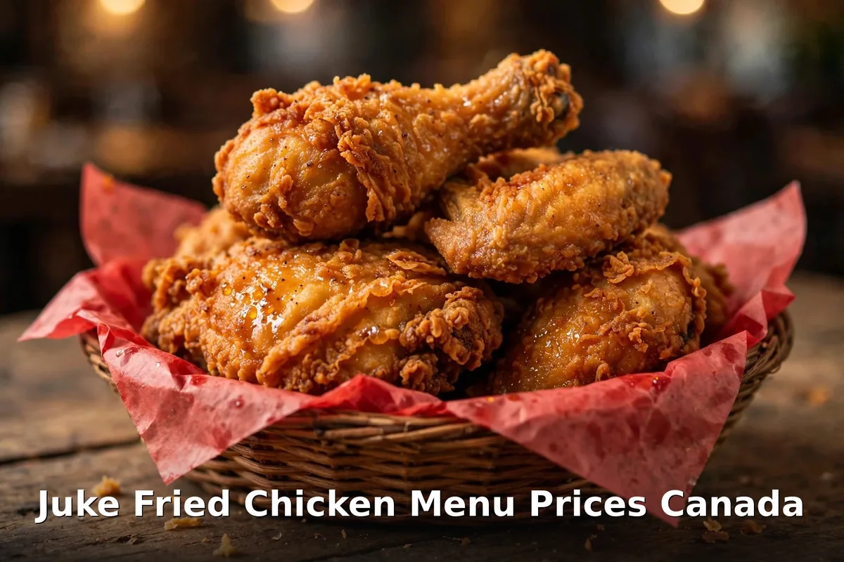 Juke Fried Chicken Menu Prices Canada 2026: AI-generated crispy gluten-free fried chicken pieces with fries