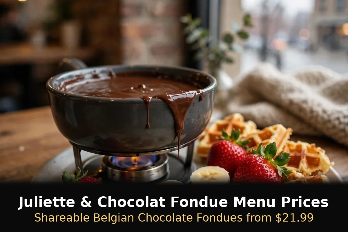 Juliette & Chocolat fondue menu prices Canada: Belgian chocolate fondue pot with waffles, strawberries and bananas for sharing